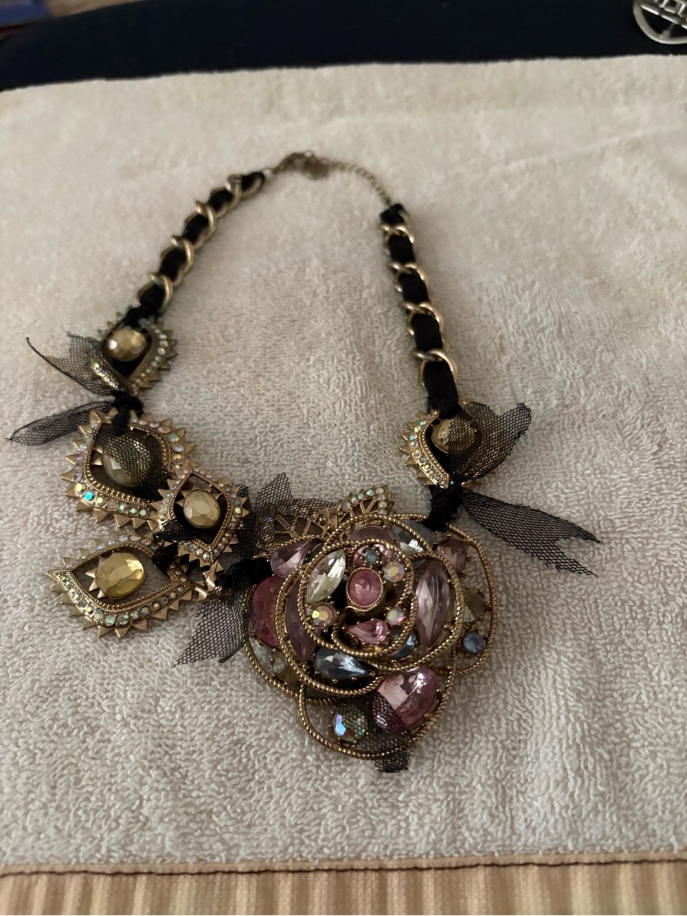 Betsey Johnson Large Statement Floral Crystal Pendant Necklace in Black and Pink
